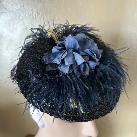 SULTRY 1930s\' BLACK STRAW TILT HAT - OSTRICH FEATHER TRIM + BLUE FABRIC FLOWERS main image 7